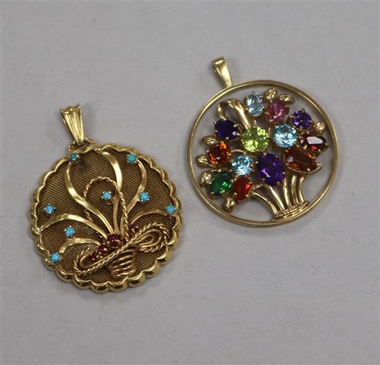 A 9ct gold and multi-gem set pendant and a yellow metal and cabochon gem set pendant, 30mm approx.